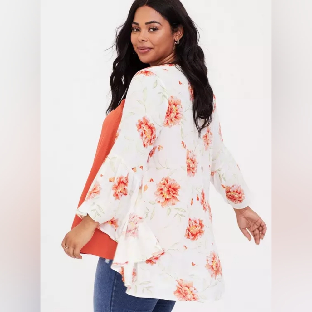 Torrid Ivory & Orange Floral Chiffon Kimono